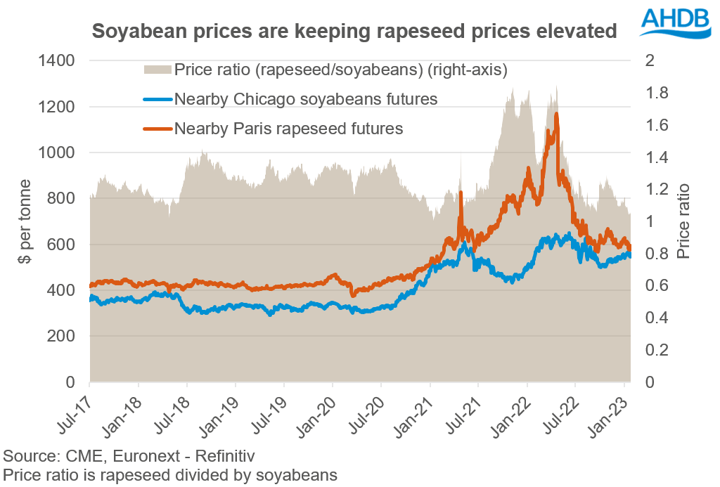 A graph showing soyabean and rapeseed prices